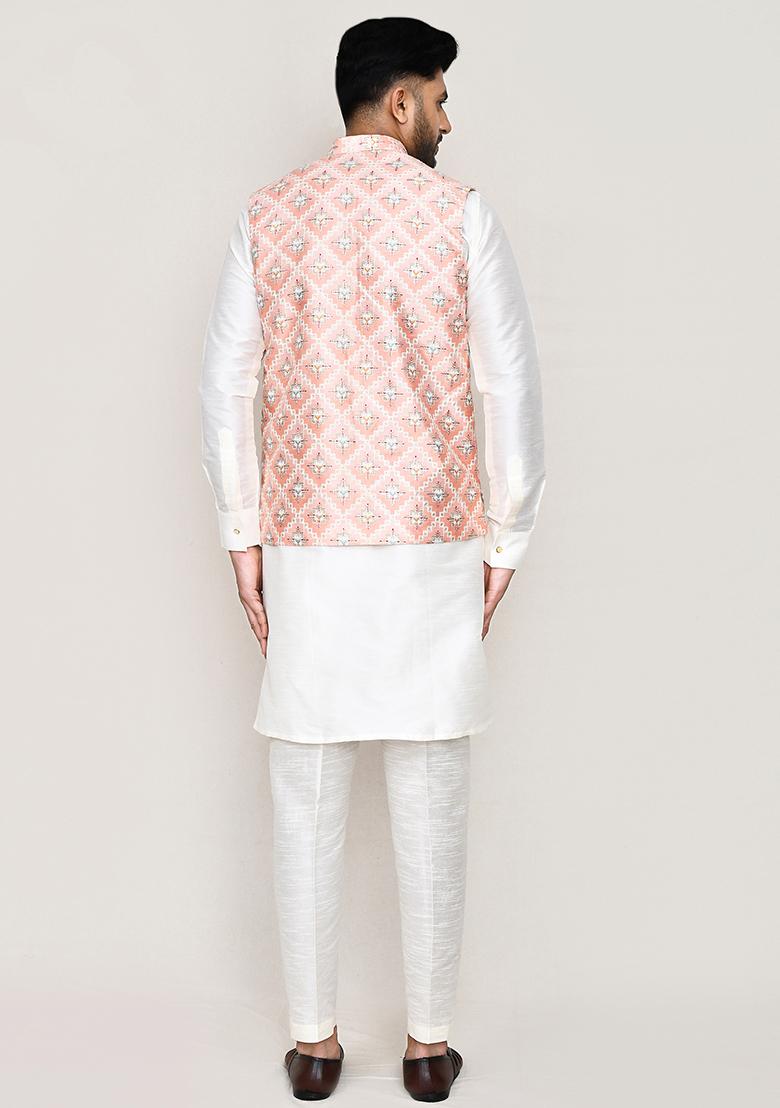 Peach Seqqunce Work Art Silk Nehru Jacket For Men