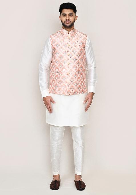 Peach Seqqunce Work Art Silk Nehru Jacket For Men