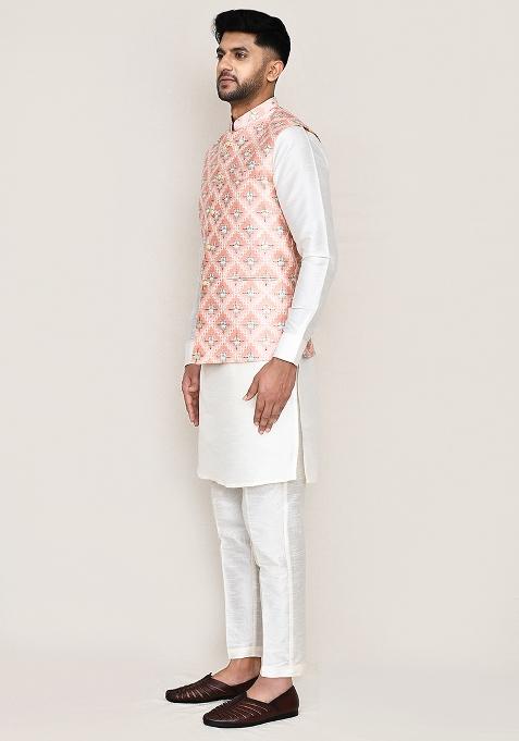 Peach Seqqunce Work Art Silk Nehru Jacket For Men