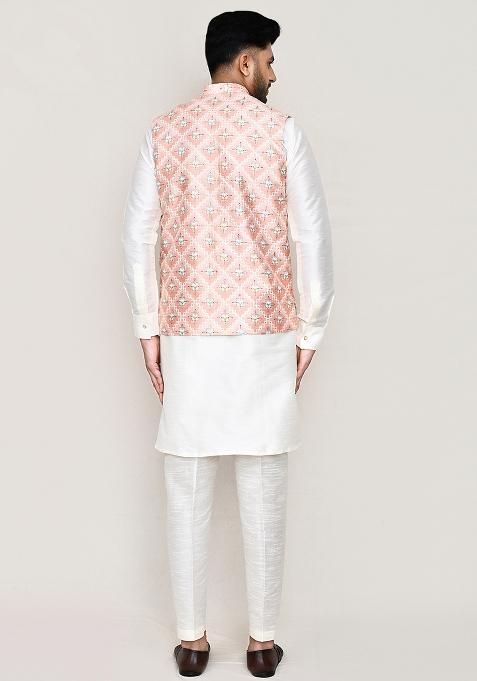 Peach Seqqunce Work Art Silk Nehru Jacket For Men