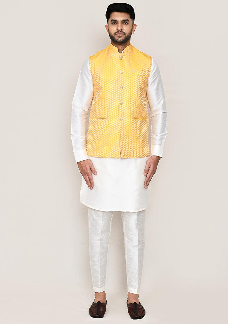 Yellow Jacquard Jacquard Silk Nehru Jacket For Men