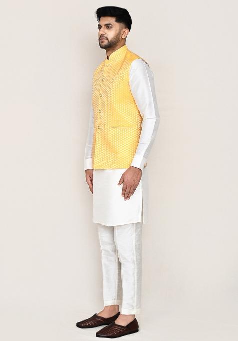 Yellow Jacquard Jacquard Silk Nehru Jacket For Men