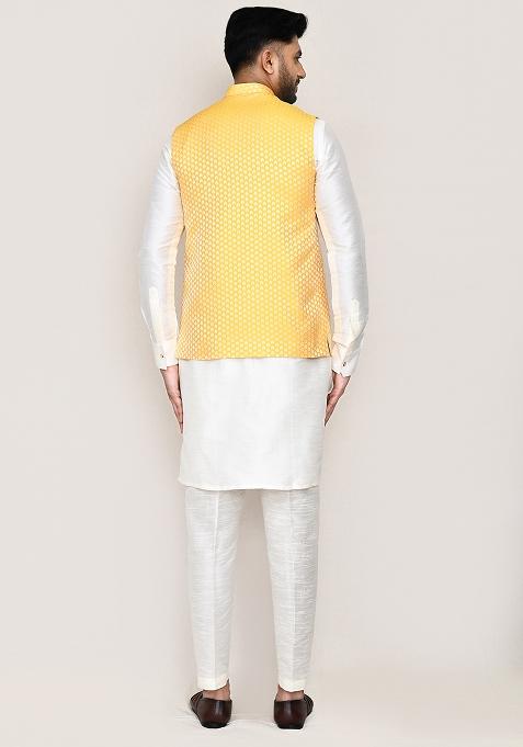 Yellow Jacquard Jacquard Silk Nehru Jacket For Men