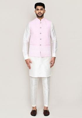 Pink Thread Work Cotton Nehru Jacket  For Men