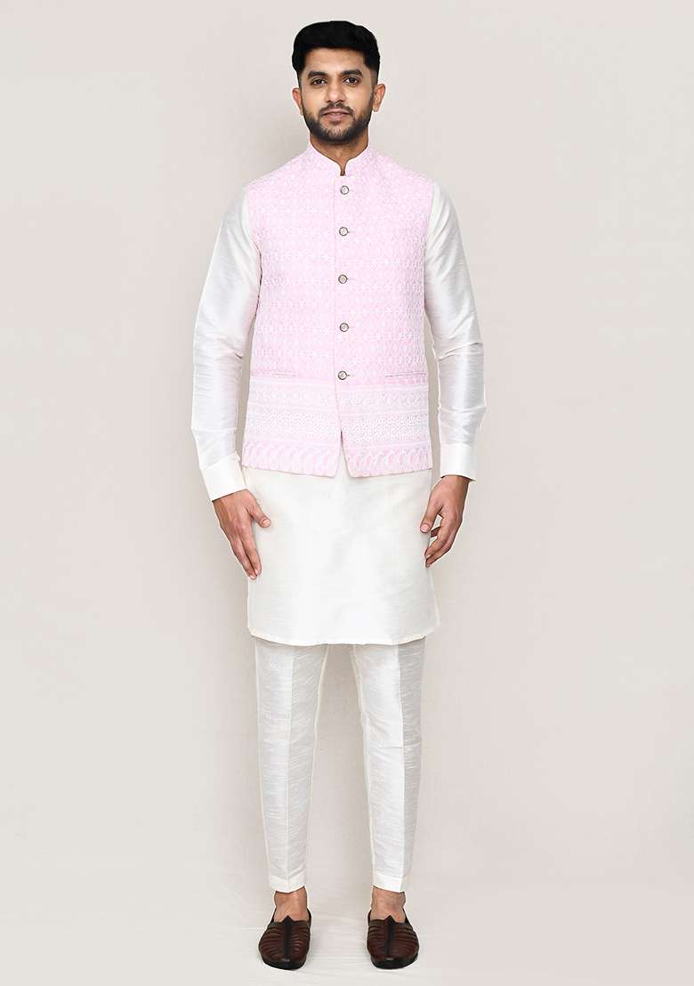 Pink Thread Work Cotton Nehru Jacket  For Men - Indya