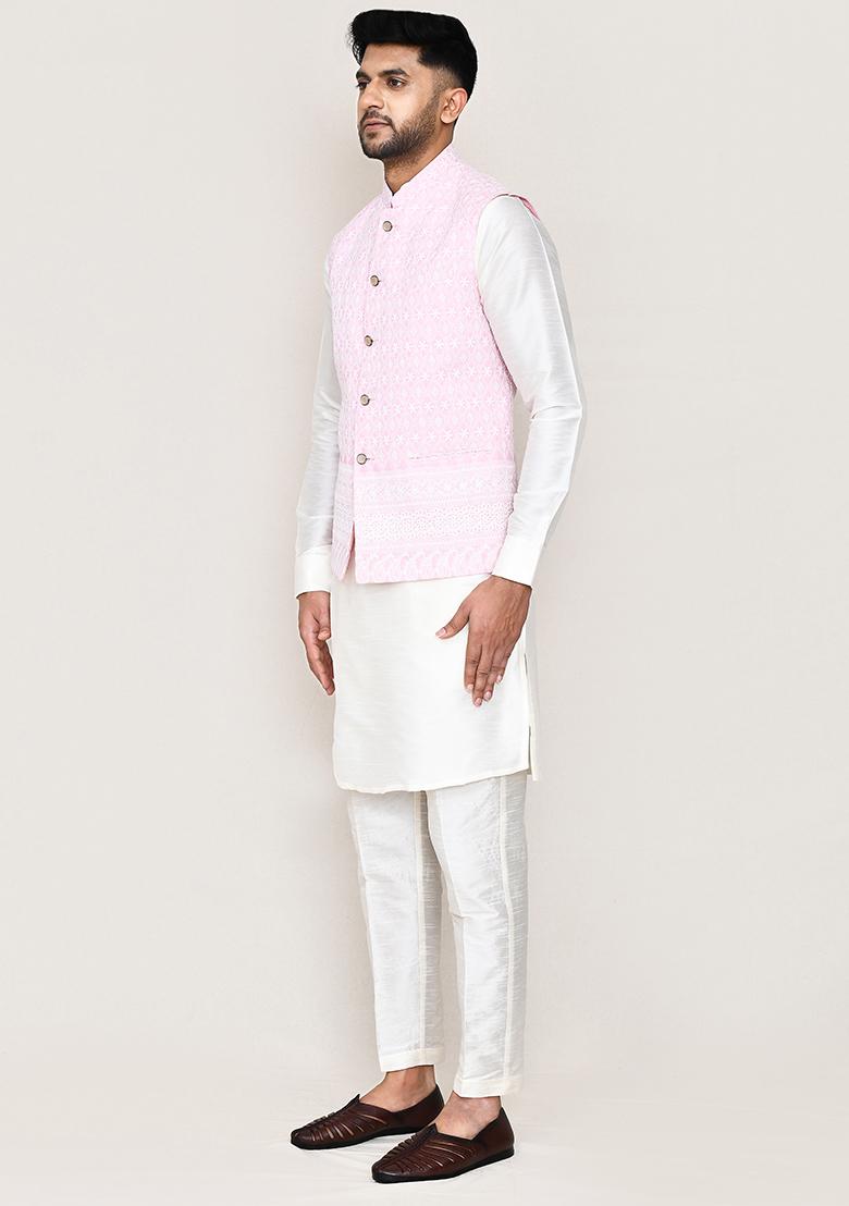 Pink Thread Work Cotton Nehru Jacket  For Men