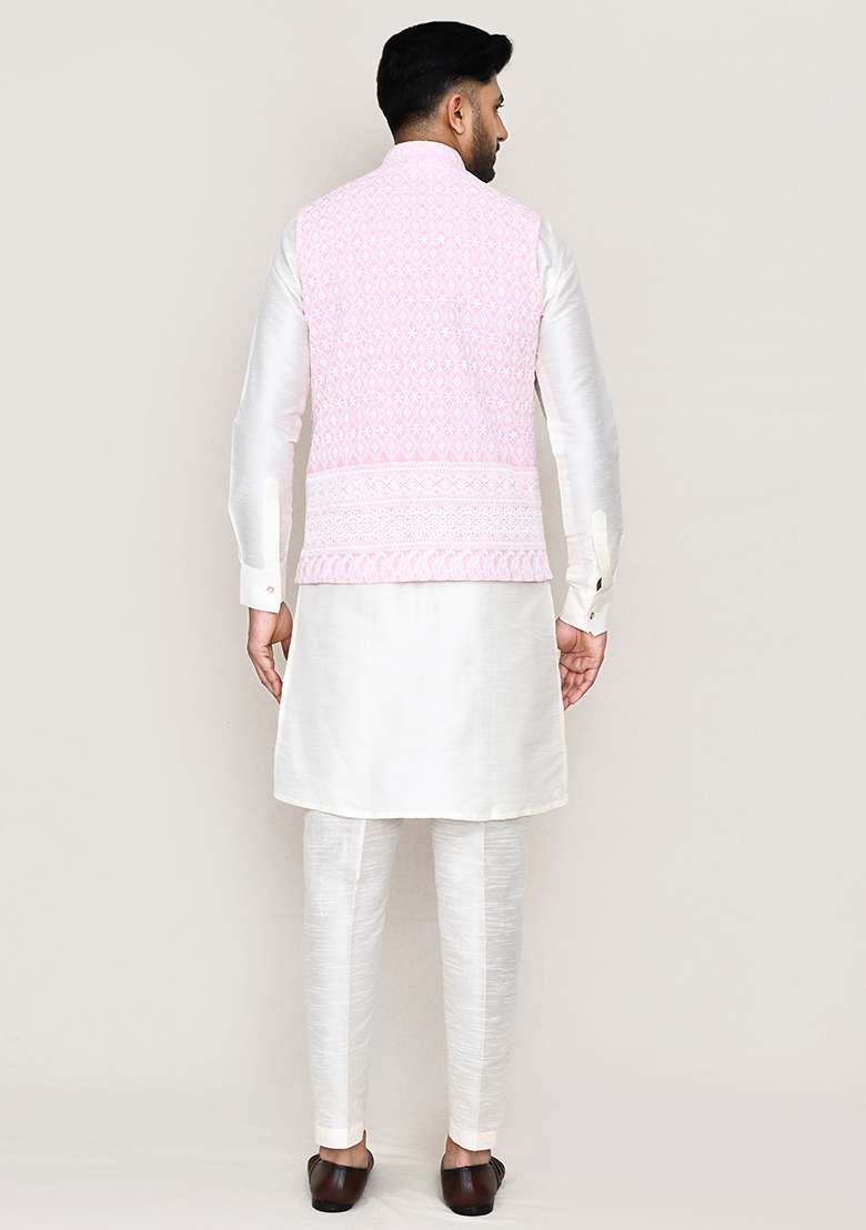 Pink Thread Work Cotton Nehru Jacket  For Men - Indya