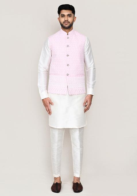 Pink Thread Work Cotton Nehru Jacket For Men — view on Indya