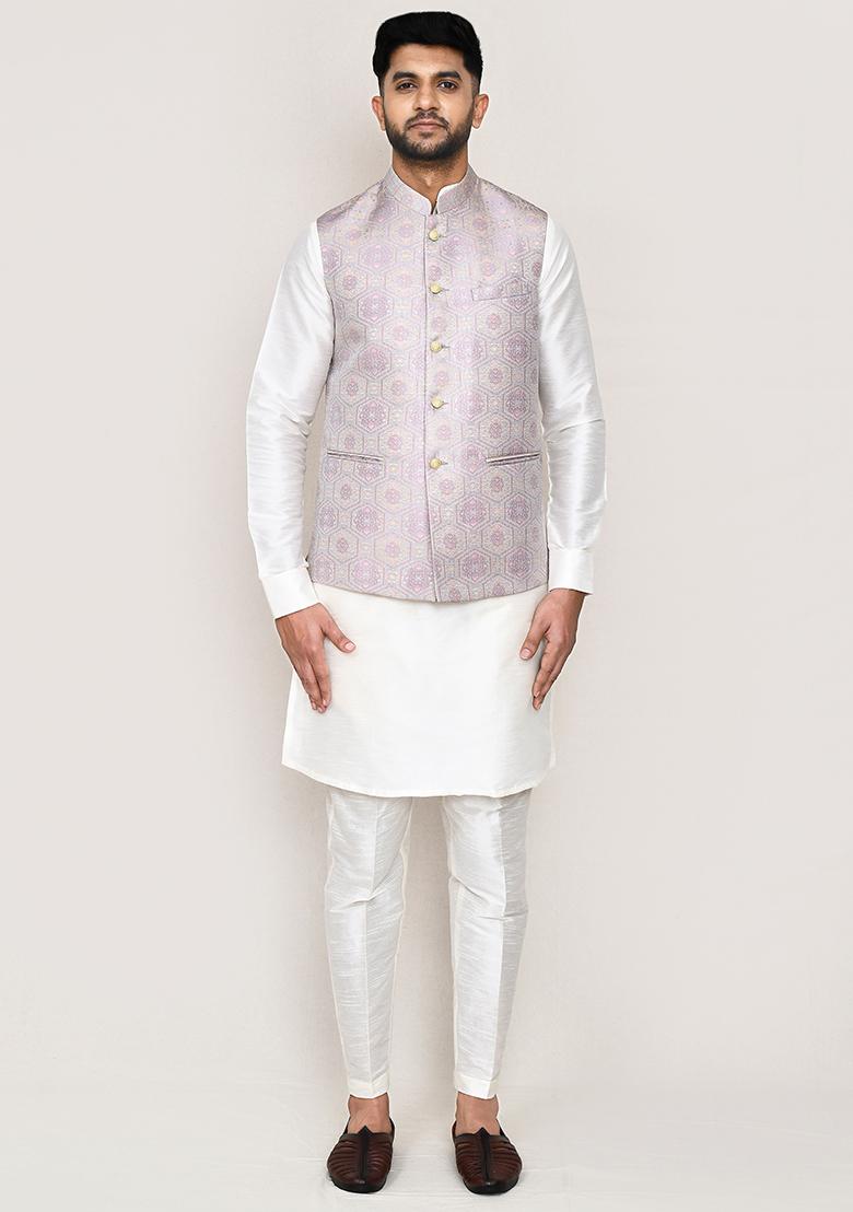 Light Grey Jacquard Jacquard Silk Nehru Jacket For Men