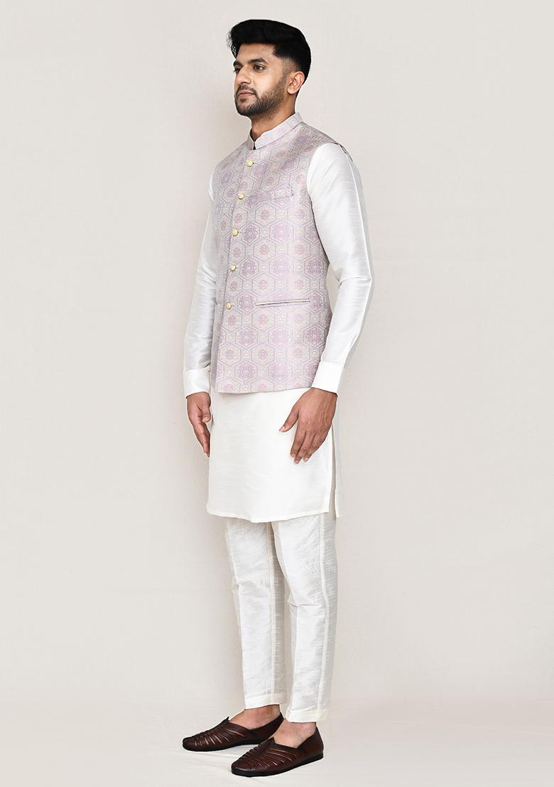 Light Grey Jacquard Jacquard Silk Nehru Jacket For Men