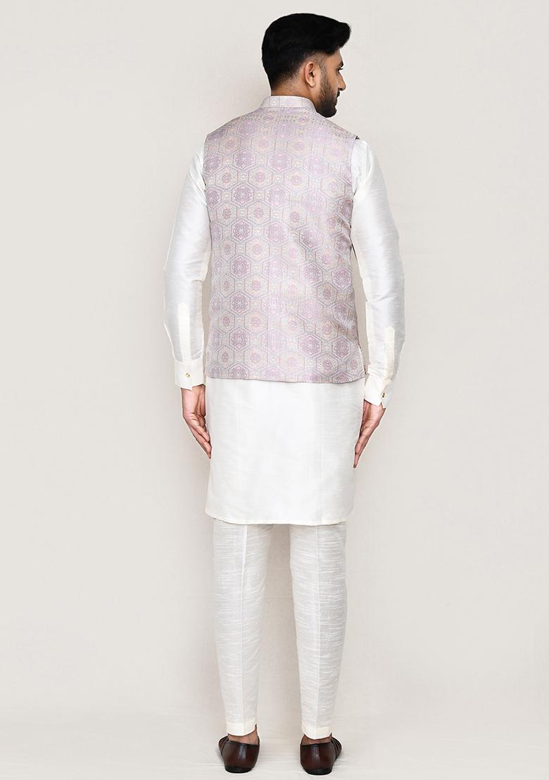 Light Grey Jacquard Jacquard Silk Nehru Jacket For Men