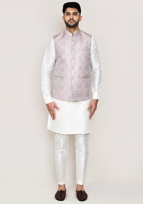 Light Grey Jacquard Jacquard Silk Nehru Jacket For Men