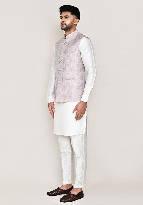 Light Grey Jacquard Jacquard Silk Nehru Jacket For Men