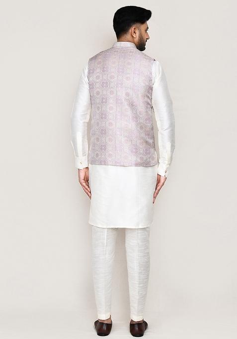 Light Grey Jacquard Jacquard Silk Nehru Jacket For Men
