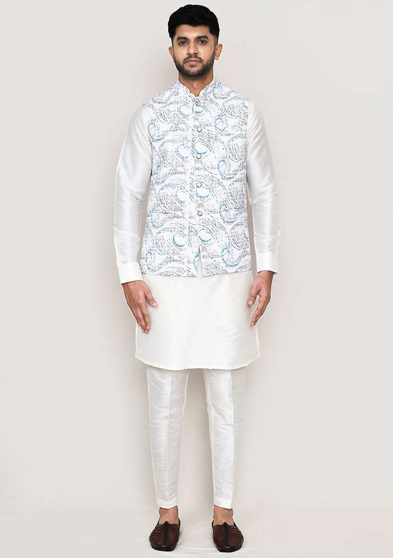 White Thread Work Cotton Nehru Jacket  For Men - Indya