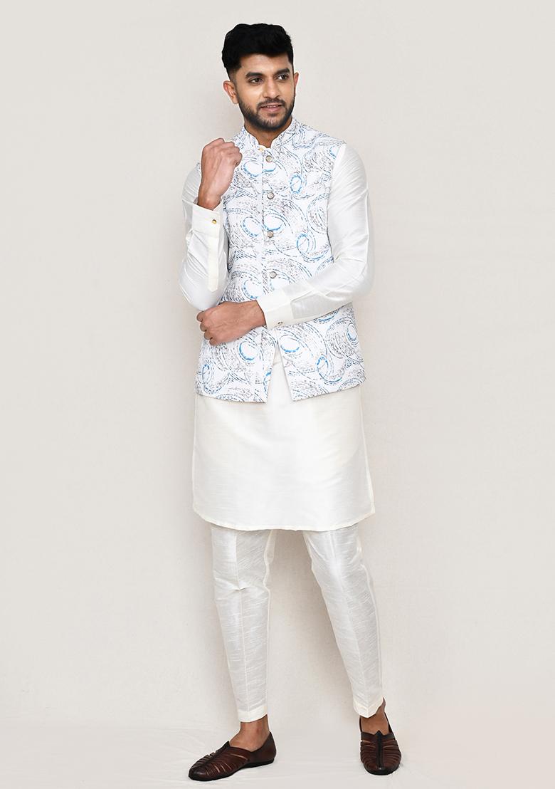 White Thread Work Cotton Nehru Jacket  For Men