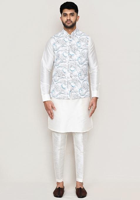 White Thread Work Cotton Nehru Jacket For Men — view on Indya