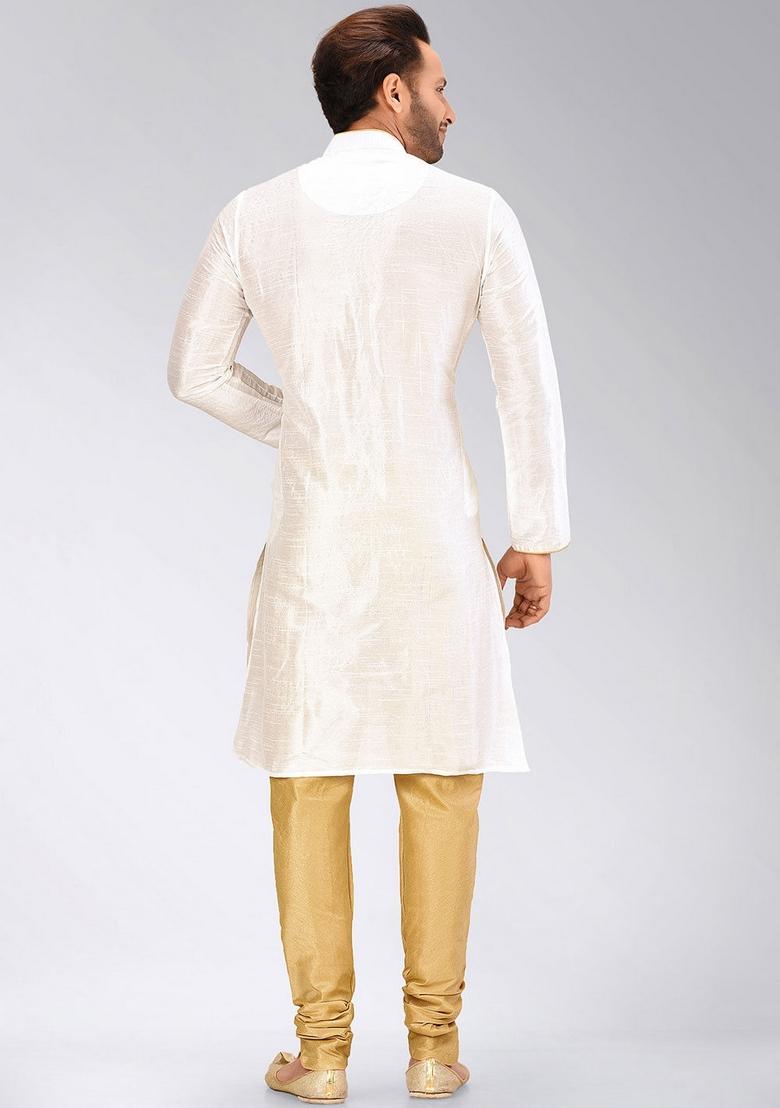 White Solid Art Silk Kurta For Men