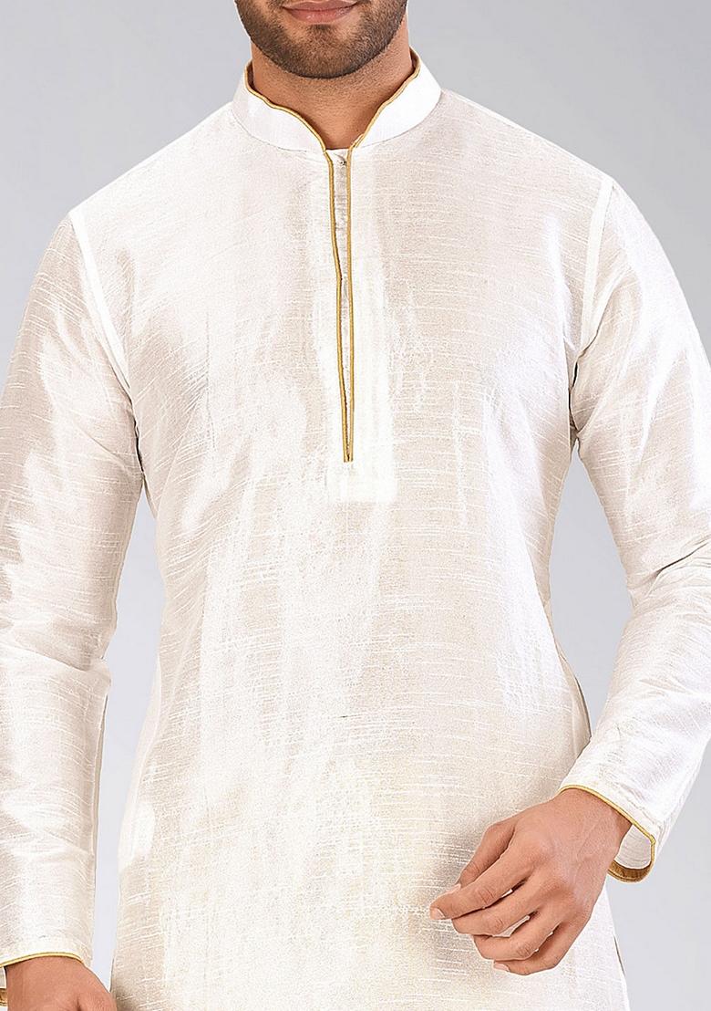White Solid Art Silk Kurta For Men