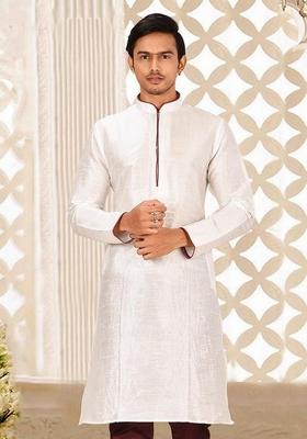 White Solid Art Silk Kurta For Men