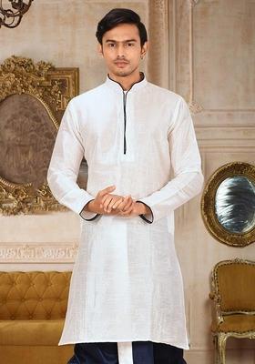 White Solid Art Silk Kurta For Men