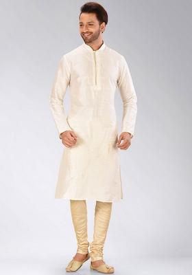 Cream Solid Art Silk Kurta For Men