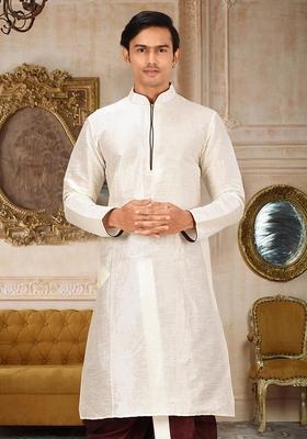 Cream Solid Art Silk Kurta For Men