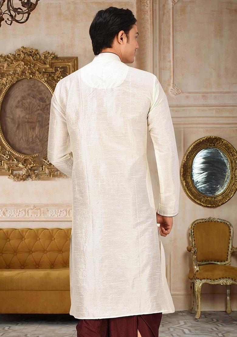Cream Solid Art Silk Kurta For Men - Indya