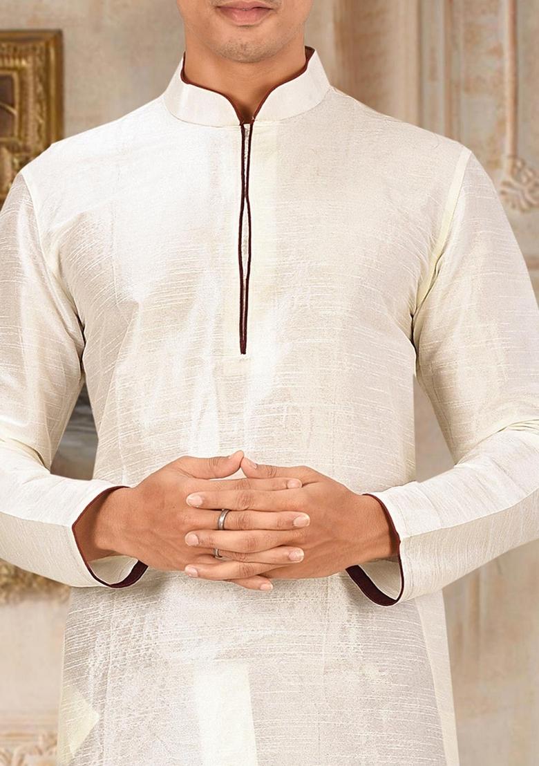 Cream Solid Art Silk Kurta For Men - Indya