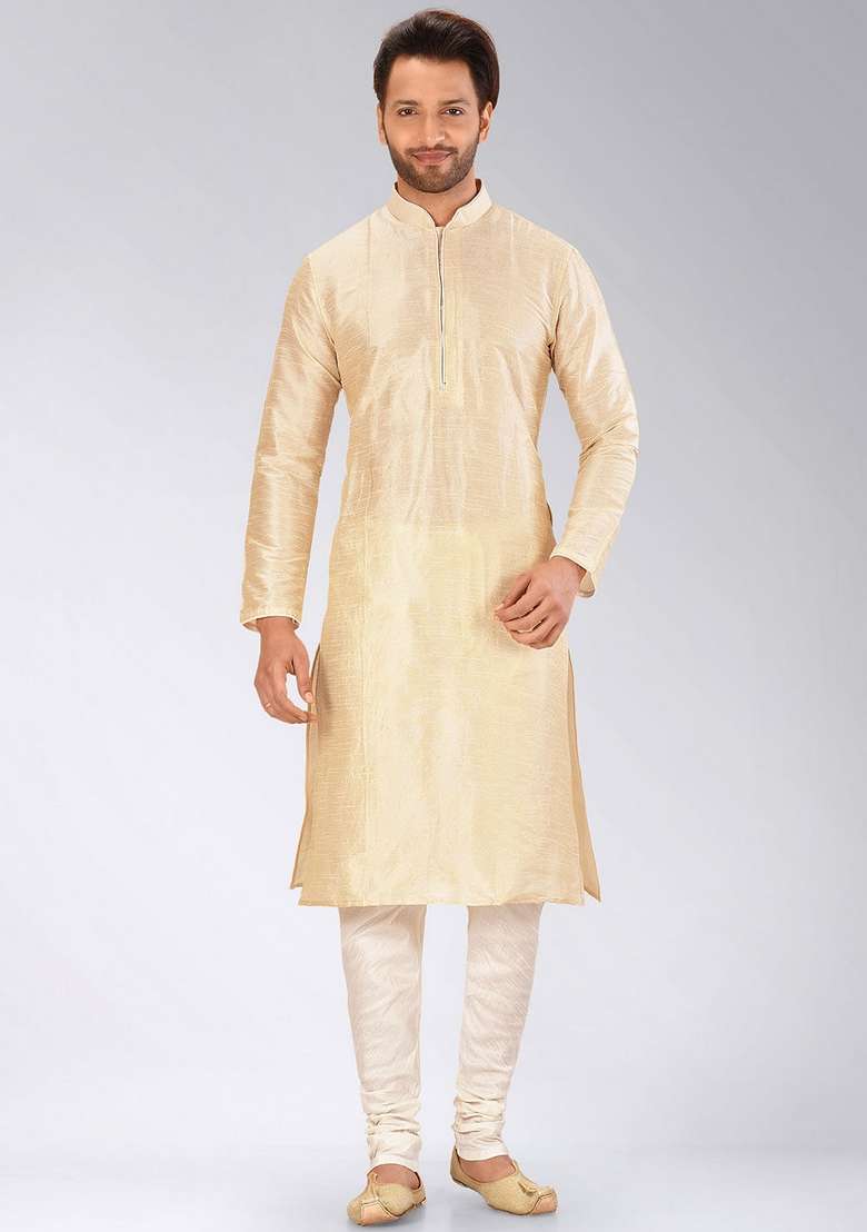 Peach Solid Art Silk Blend Kurta For Men - Indya