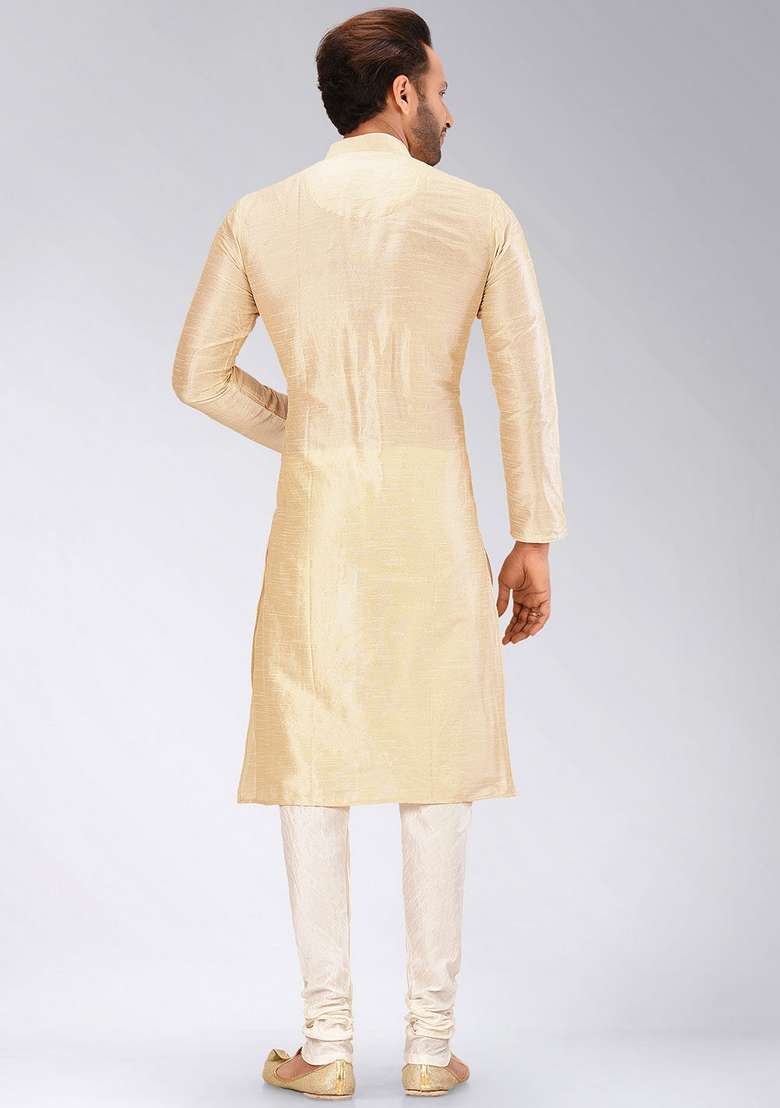 Peach Solid Art Silk Blend Kurta For Men - Indya