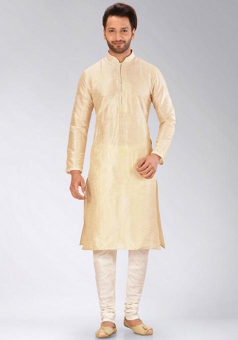 Peach Solid Art Silk Kurta For Men — view on Indya