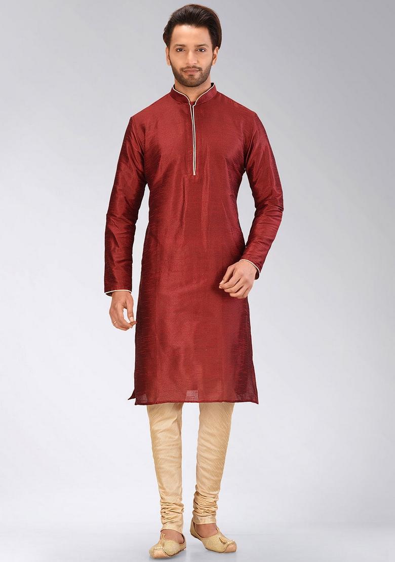 Red Solid Art Silk Kurta For Men