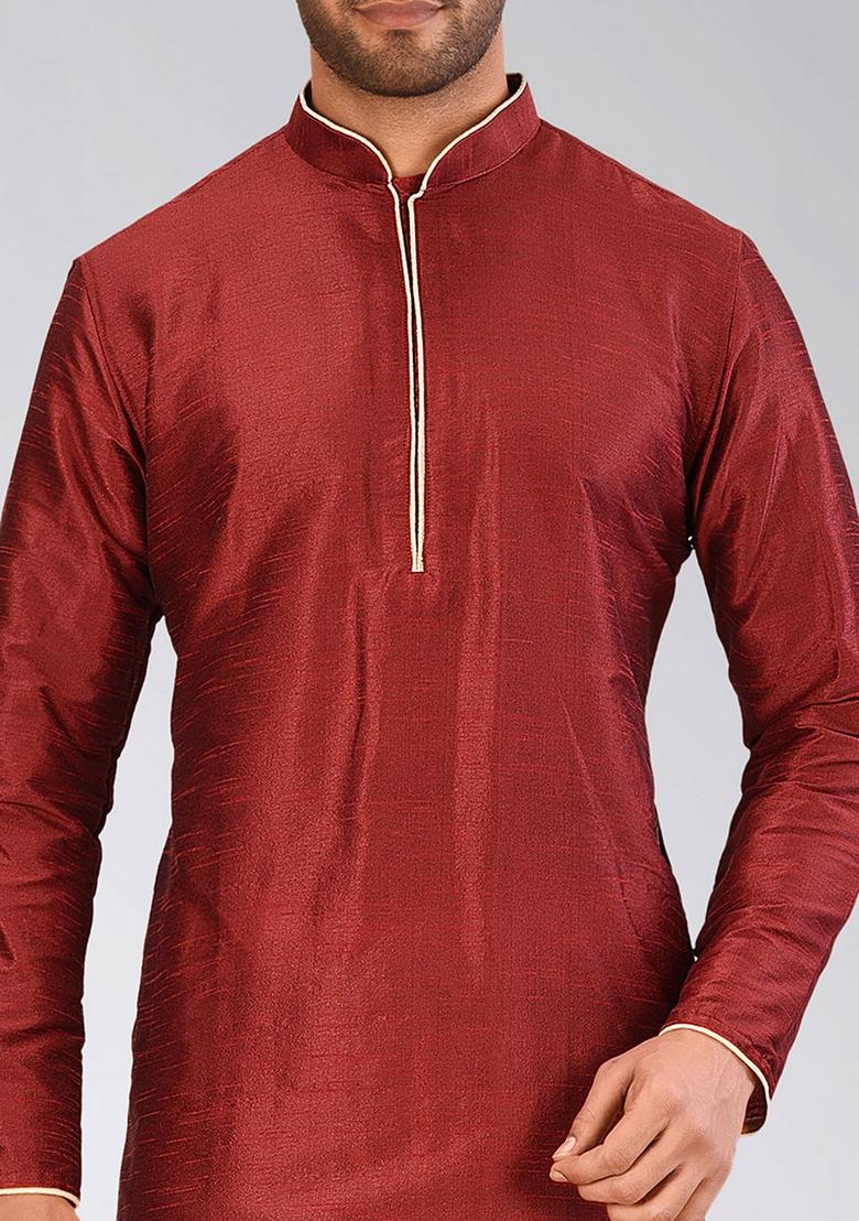 Red Solid Art Silk Kurta For Men