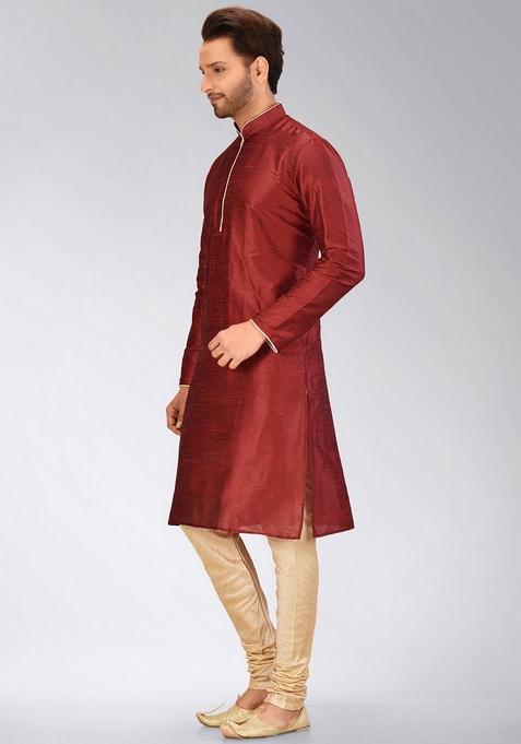 Red Solid Art Silk Kurta For Men