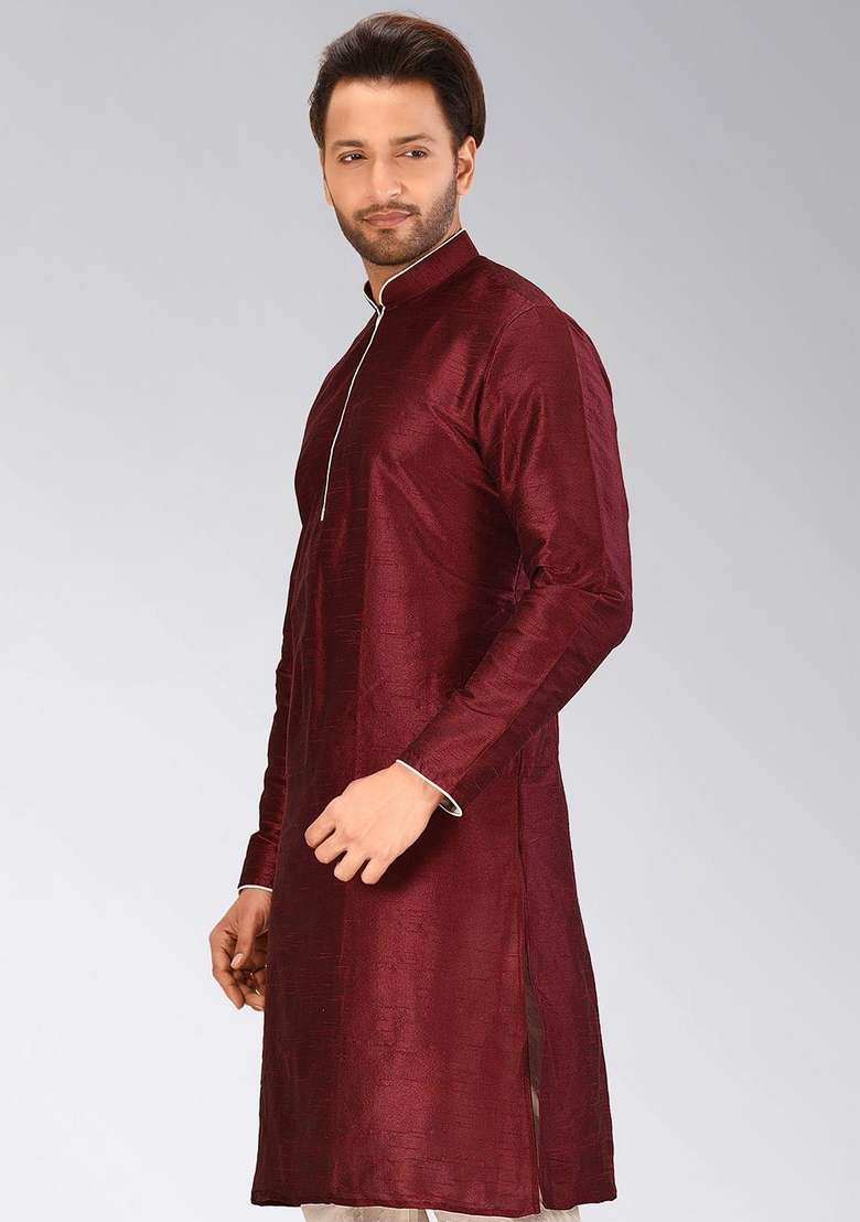 Mahroon Solid Art Silk Blend Kurta For Men - Indya