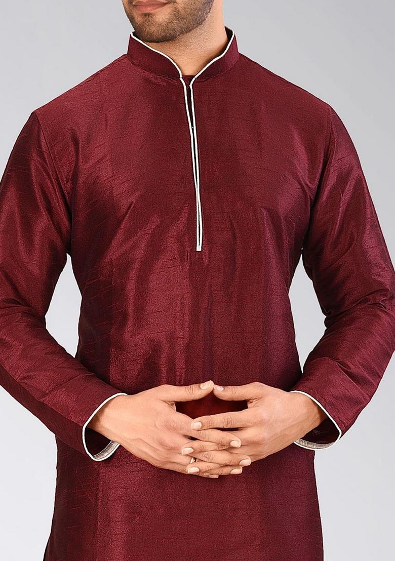 Mahroon Solid Art Silk Kurta For Men - Indya