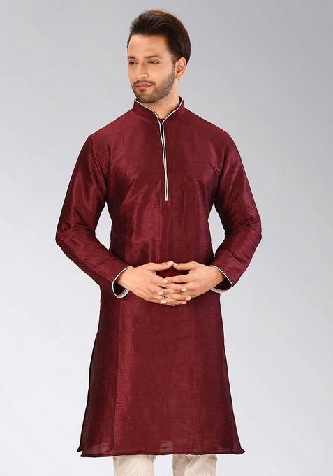 Mahroon Solid Art Silk Kurta For Men — view on Indya
