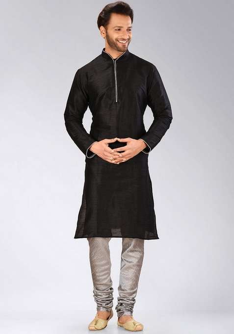 Black Solid Art Silk Blend Kurta For Men