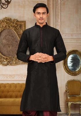 Black Solid Art Silk Kurta For Men