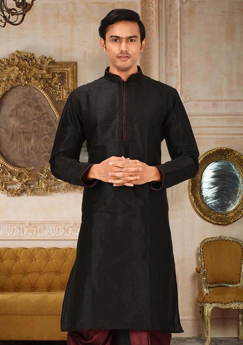 Black Solid Art Silk Kurta For Men