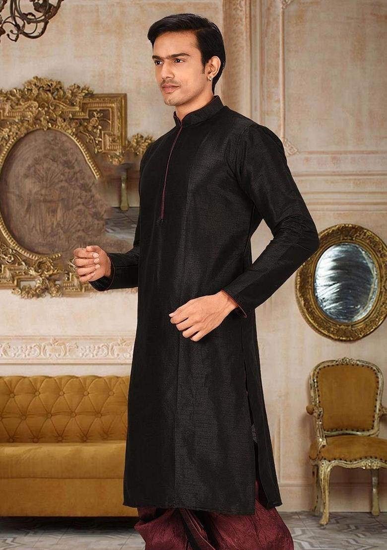 Black Solid Art Silk Kurta For Men