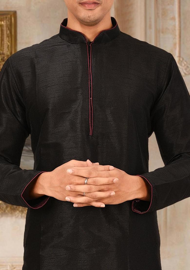 Black Solid Art Silk Kurta For Men