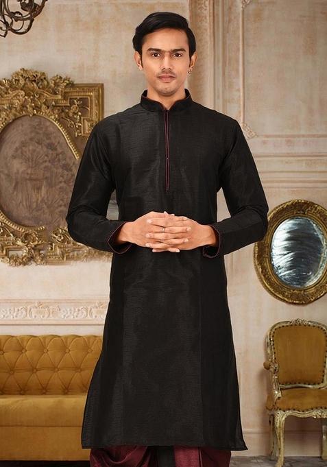 Black Solid Art Silk Kurta For Men