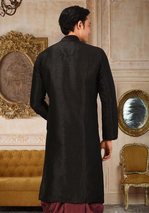Black Solid Art Silk Kurta For Men