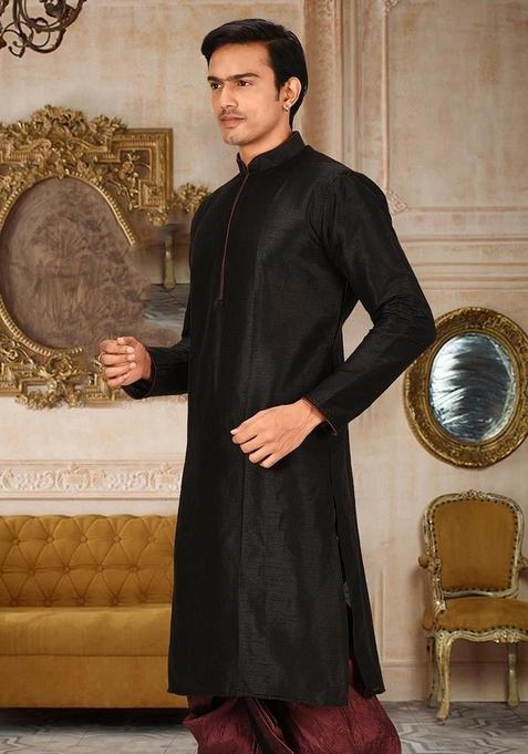 Black Solid Art Silk Kurta For Men