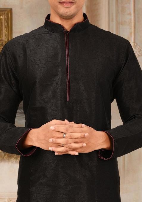 Black Solid Art Silk Kurta For Men