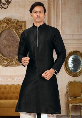 Black Solid Art Silk Kurta For Men