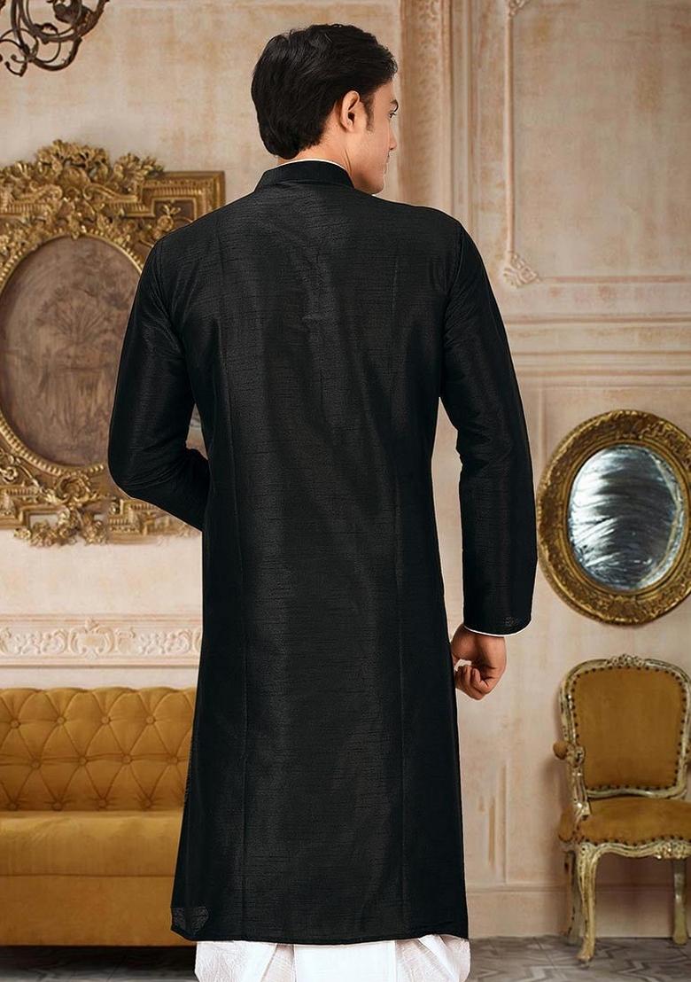 Black Solid Art Silk Kurta For Men - Indya
