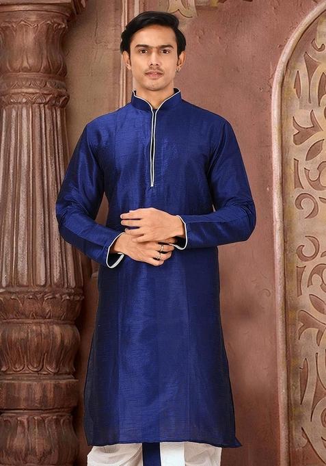 Royal Blue Solid Art Silk Kurta For Men — view on Indya